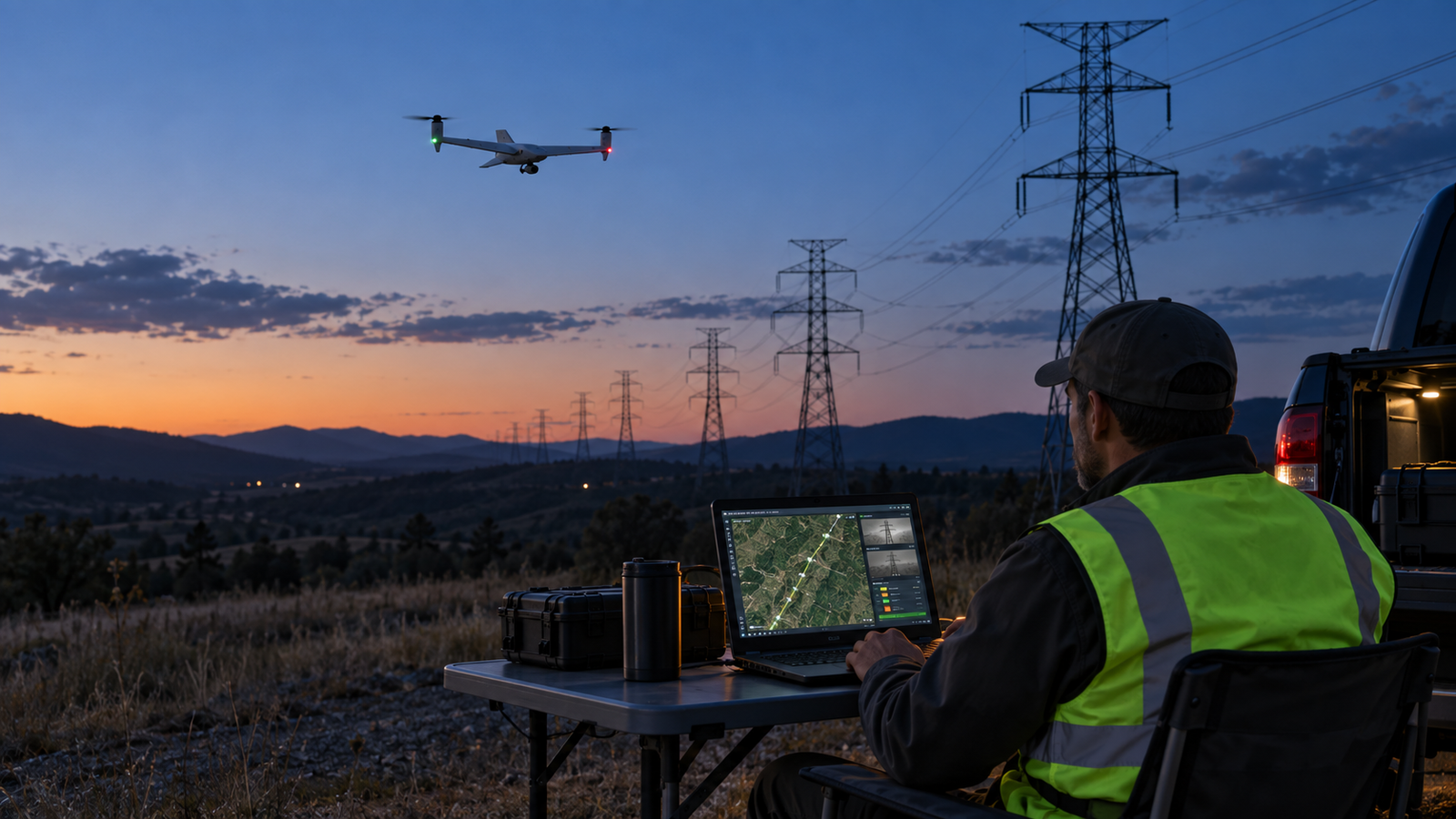 Drone flight coordinator monitoring a VTOL inspection drone along power lines at dusk