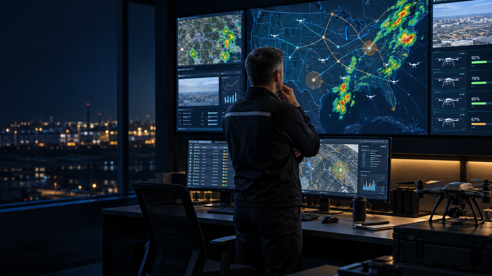 Operations Supervisor monitoring a commercial drone fleet and weather in an operations control room
