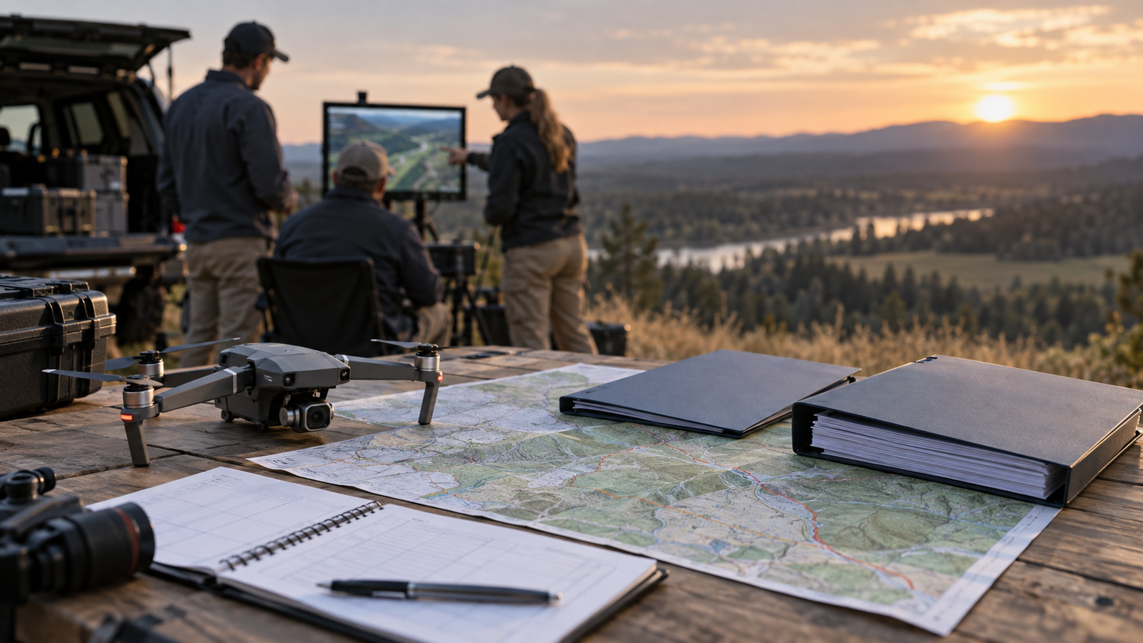 Drone survey team plans a rural route beside two application folders for proposed permit and certificate paths