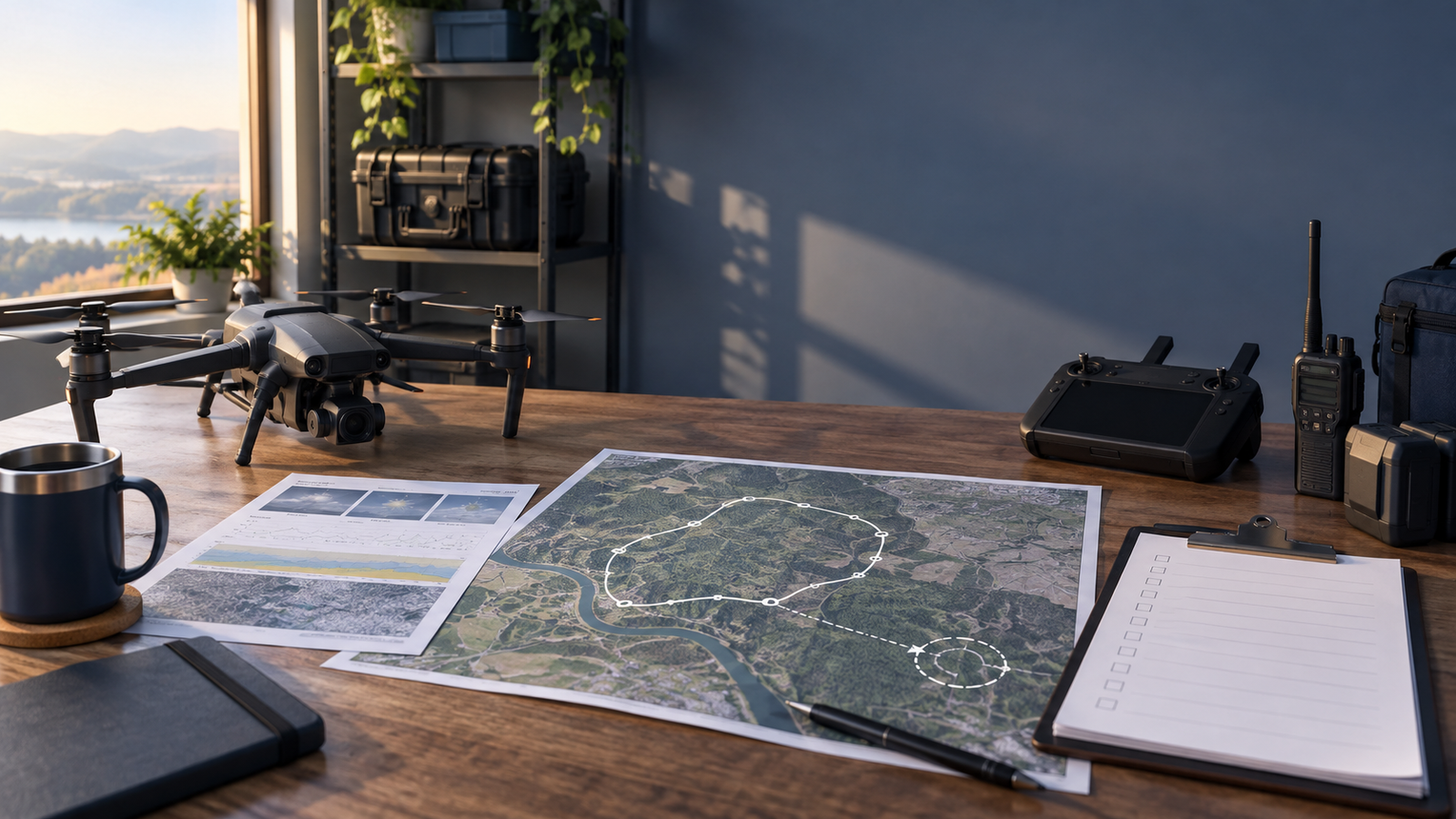 BVLOS mission planning desk with a drone, route map, weather brief and checklist.