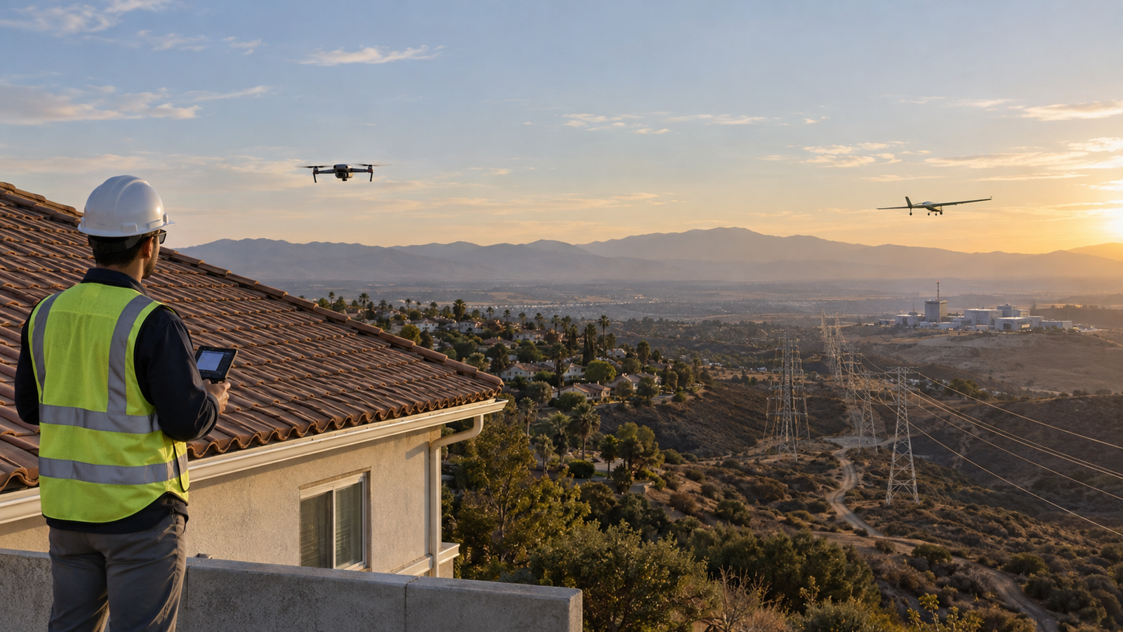 Visual comparison of a pilot keeping a roof-inspection drone in sight and a proposed long-range BVLOS operation